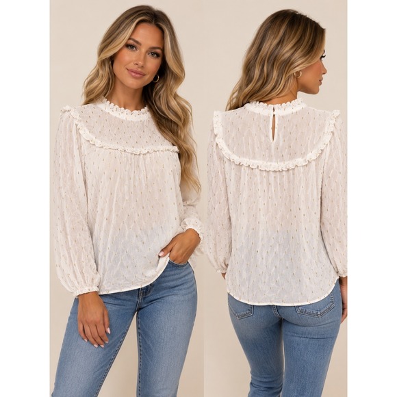 Draper James Tops - Draper James RSVP White Gold Metallic Clip Dot Ruffle Blouse 1X